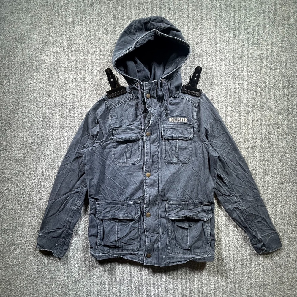 Hollister Military Jacket Men's L Blue Cotton Hooded Workwear Utility Zip-Up